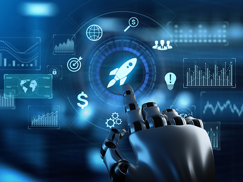 Startup Funding Investment Business Development concept. Robot hand pressing button.